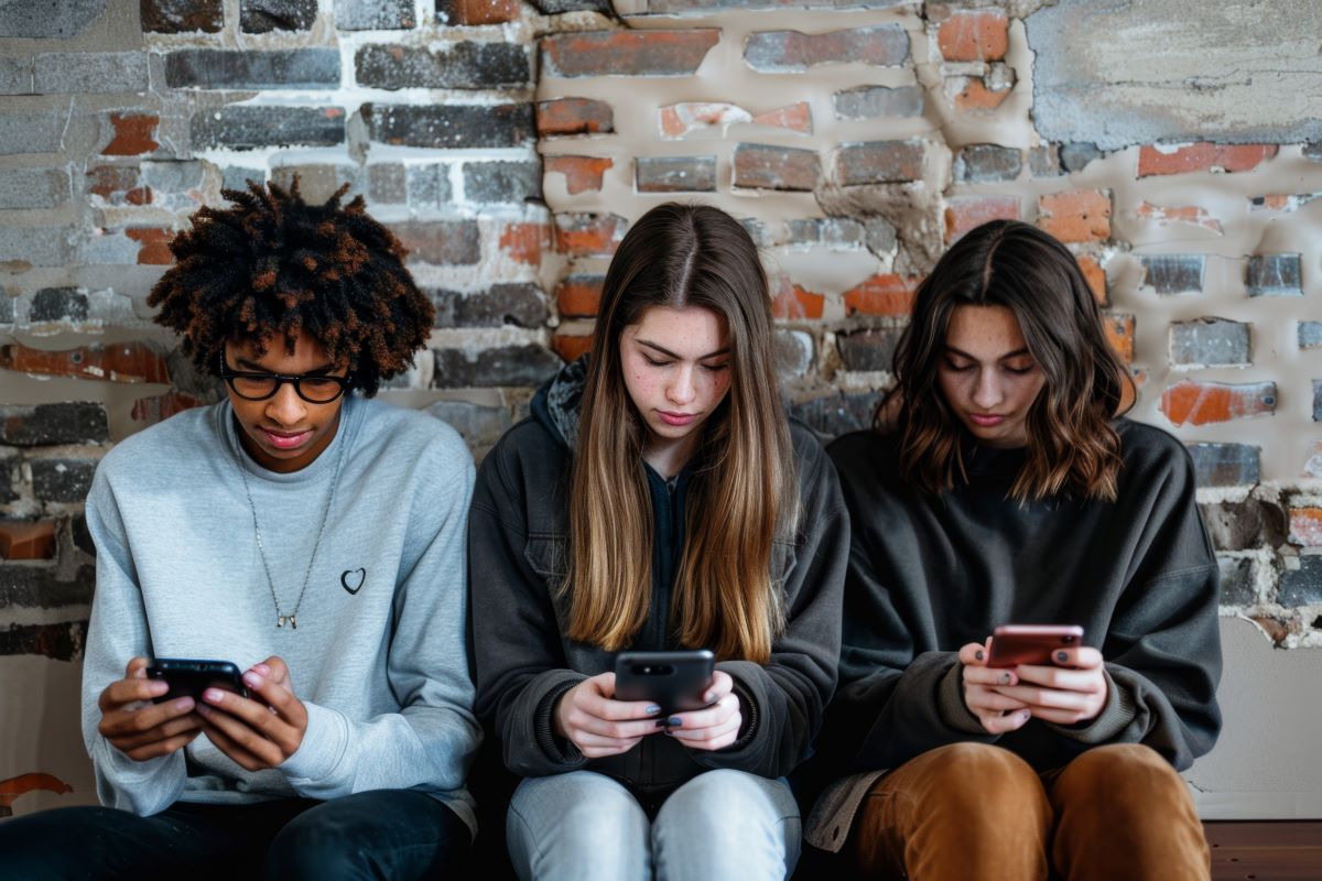 Three teenagers sitting against a brick wall and interacting with their smartphones