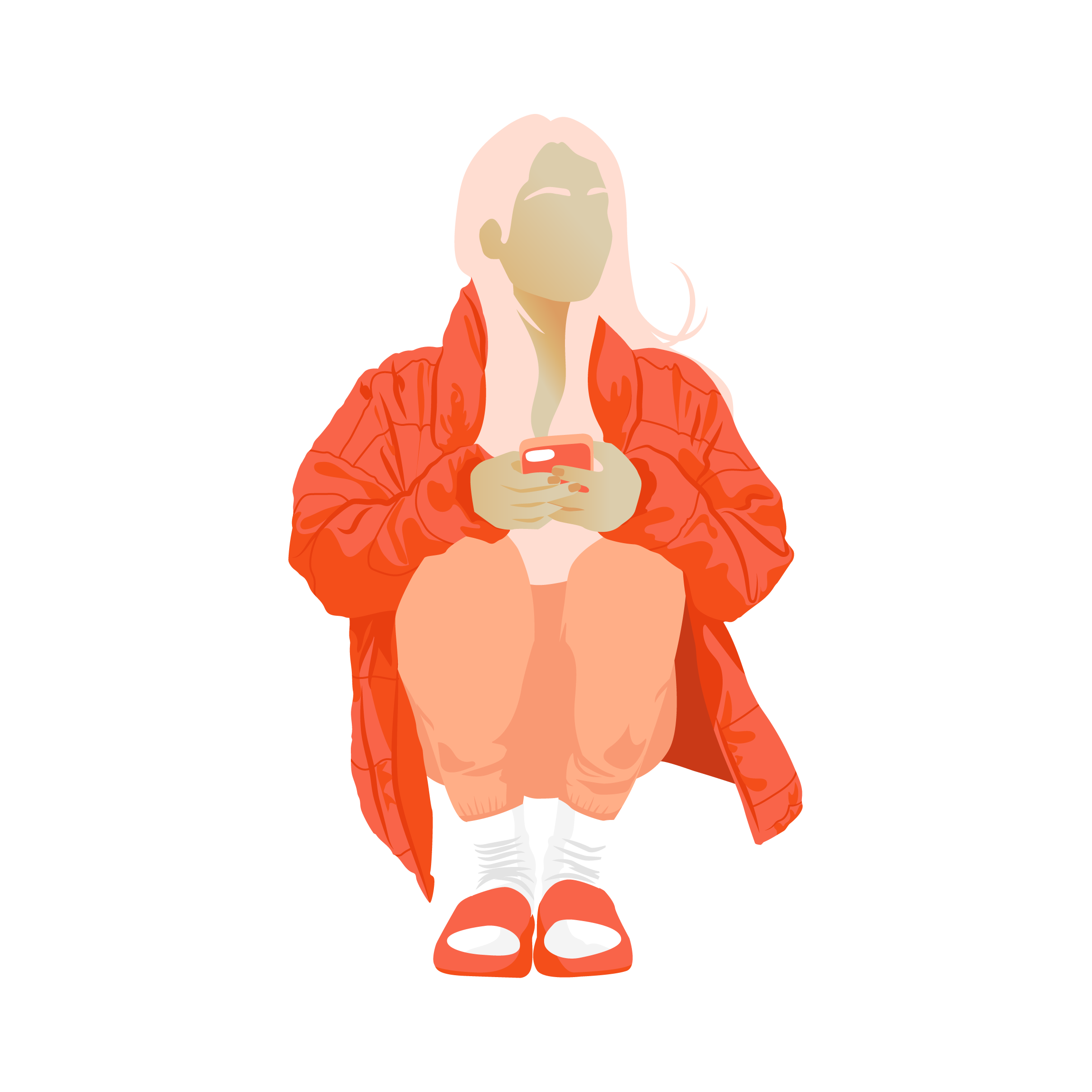 Illustration of teenage girl sitting down and wearing a jacket with a smartphone in her hand, in orange colour