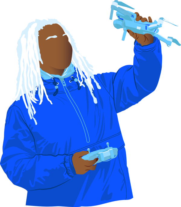Illustration of young person holding a drone in one hand and a drone controller in the other, in blue colour