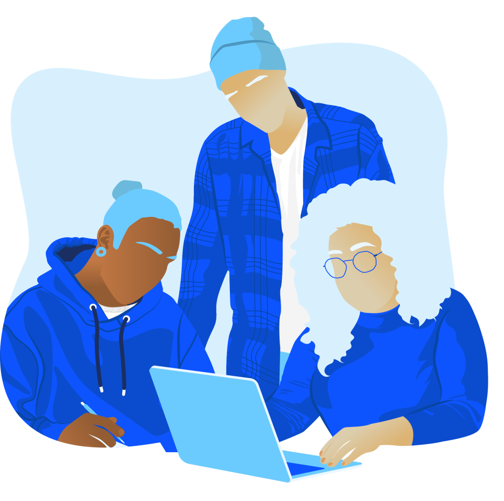 Illustration of three teenagers working together on a laptop device, in blue colour