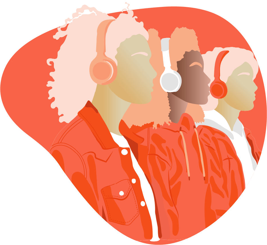 Illustration of three teenagers wearing over the ear headphone and looking to the right from side profile, in orange colour