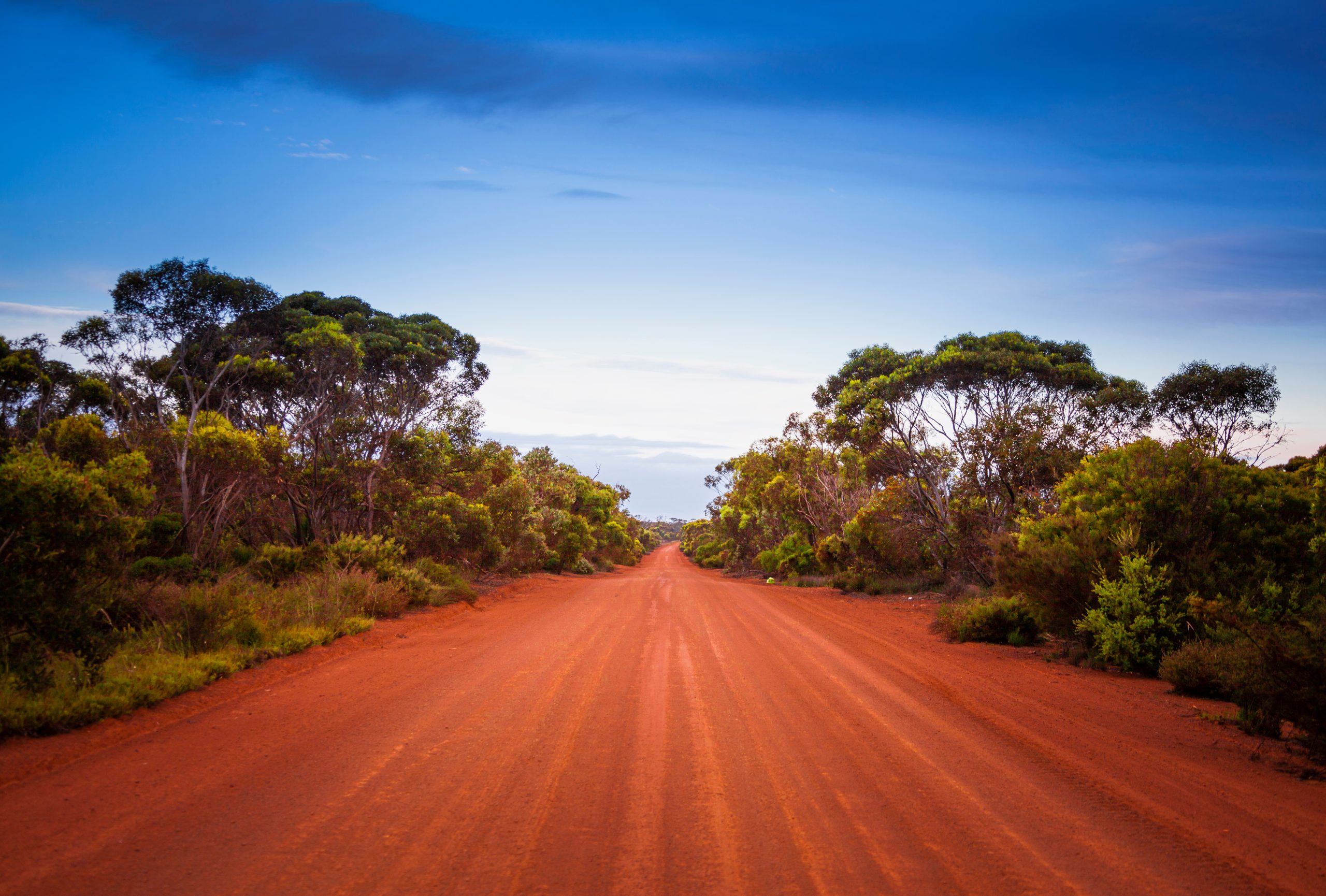 Empty open outback road in Western Australia. Straight single lane dirt road stretching into the distance.