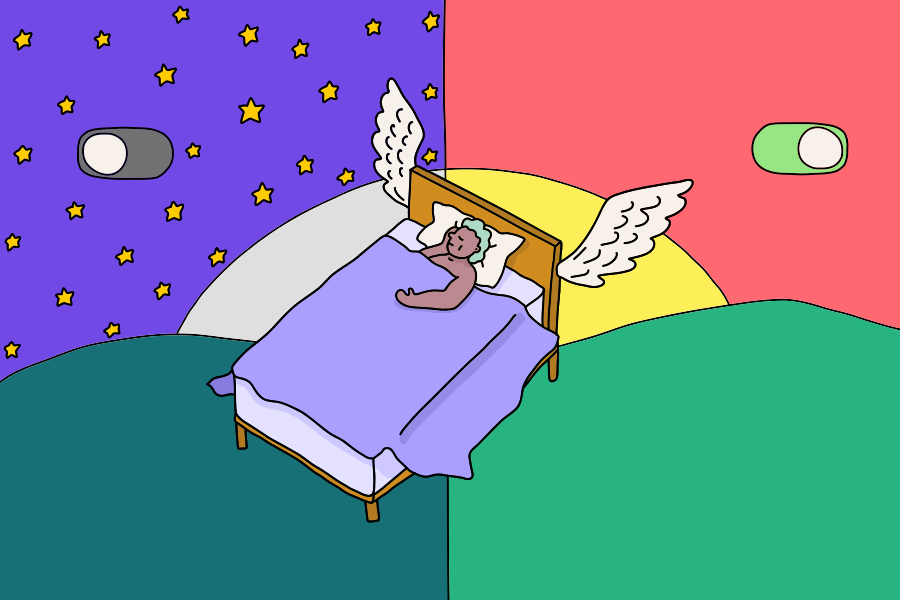 Illustration of person sleeping in bed with angel wings