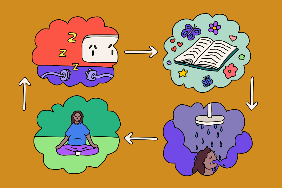 Illustration power outlet unplugged, book, meditation and shower