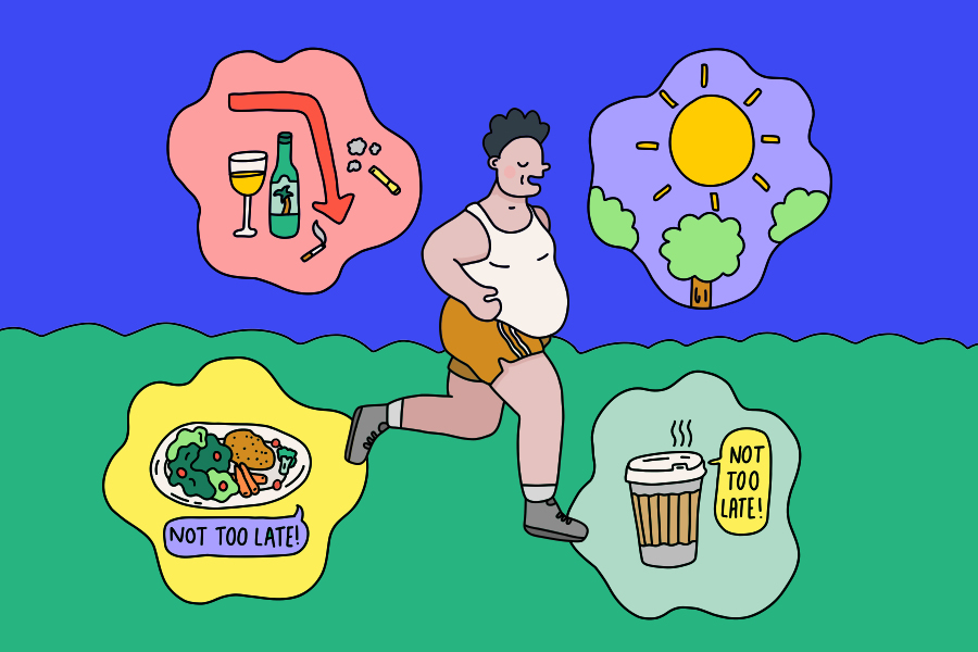 Illustration of a person running thought bubbles around them of coffee, alcohol, food and trees