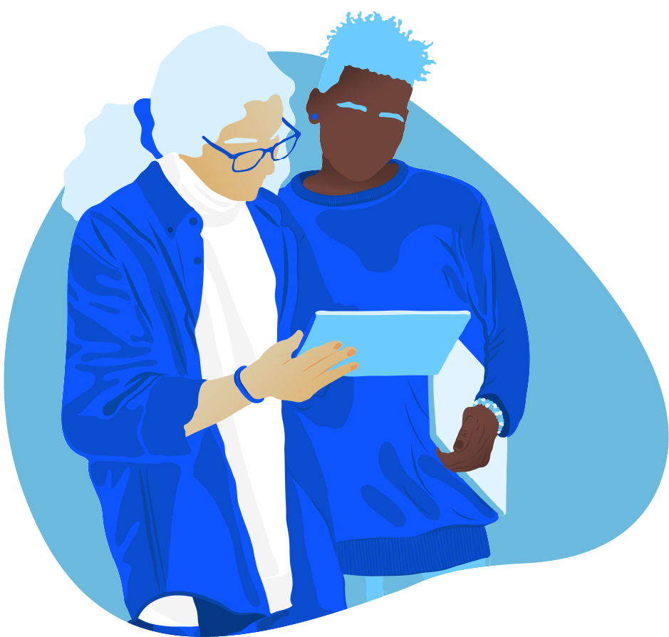 Illustration of two teenagers standing together and looking at a tablet, in blue colour