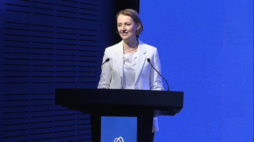 Vicki Brady, CEO Telstra presenting at a podium at the launch of the Australian Youth Digital Index
