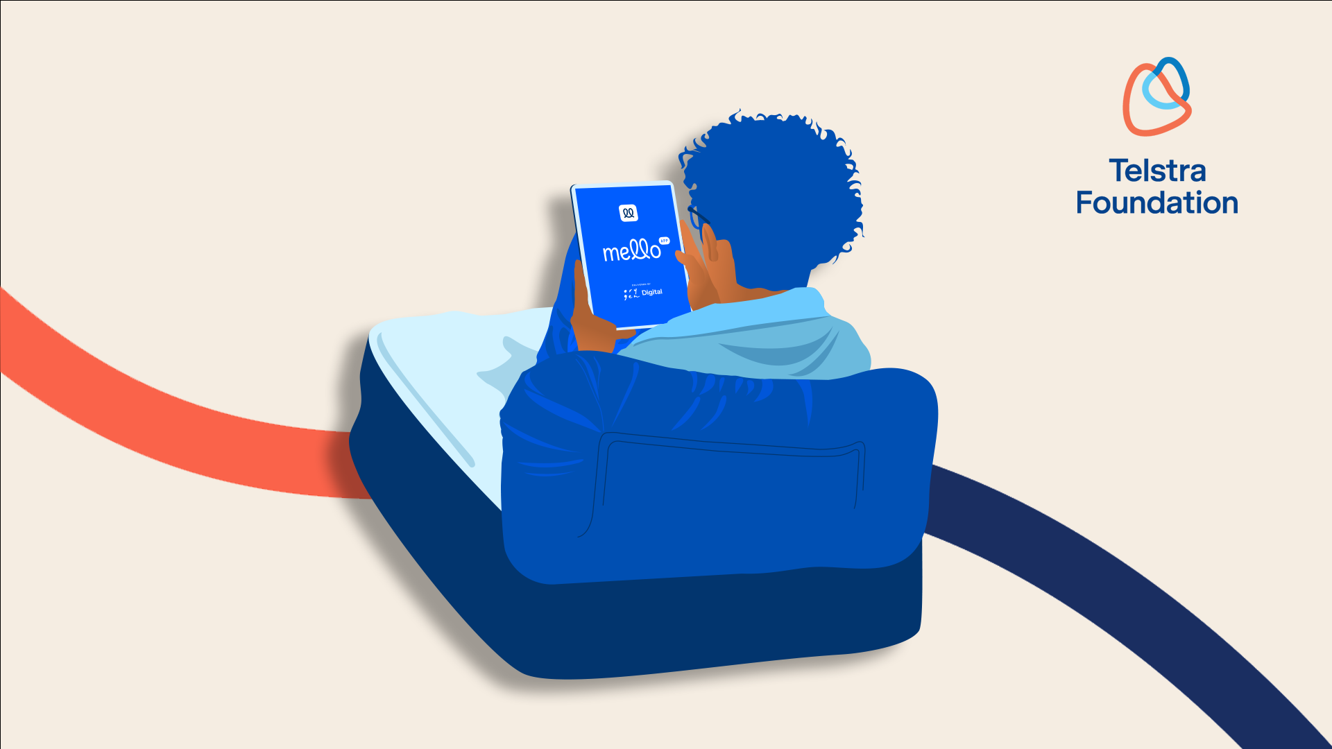 Illustration of a young person sitting on a beanbag using the Mello app